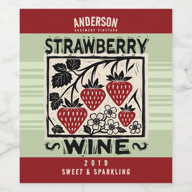 Linocut strawberry homemade wine shrub cordial wine label (Single Label)