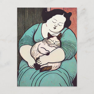 Linocut Voluptuous Woman Holding a Cat Postcard