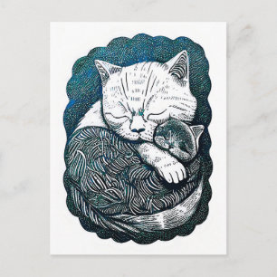 Linocut White and Black Cat Sleeping Together Postcard