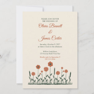 Linocut Wildflower Rustic Wedding Invitation