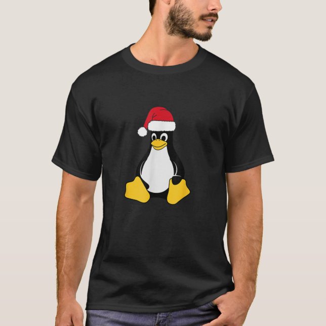 Linux Mascot Tux the Penguin Santa Hat Nerd Geek C T-Shirt (Front)