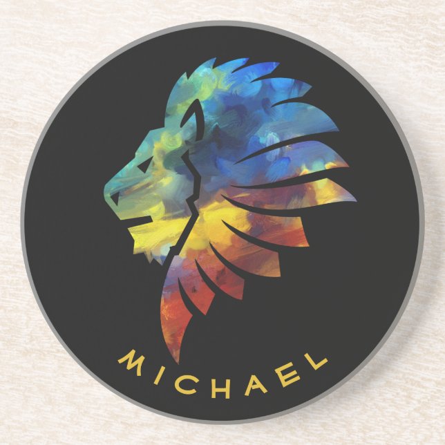 Lion abstract colourful art king crown for men coaster (Front)