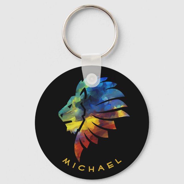 Lion abstract colourful art king crown for men keychain (Front)