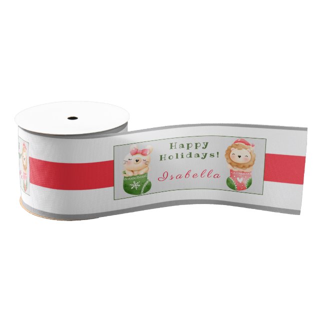 Lion and Cat Customize Text and Name Grosgrain Ribbon (Spool)