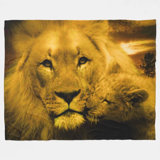 Lion and Cub Custom Fleece Blanket, Large Blanket (Front (Horizontal))