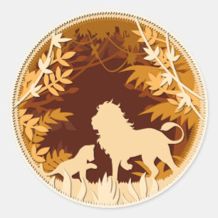 Lion And Cub Silhouette Animal Scene Classic Round Sticker