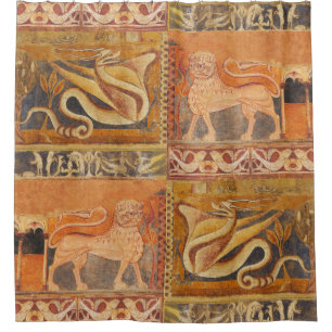 LION AND DRAGON Medieval Fresco in Yellow Orange