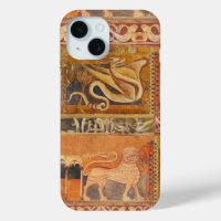 LION AND DRAGON Medieval Fresco in Yellow Orange