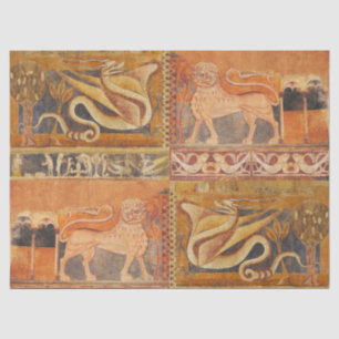LION AND DRAGON Medieval Fresco in Yellow Orange Tissue Paper