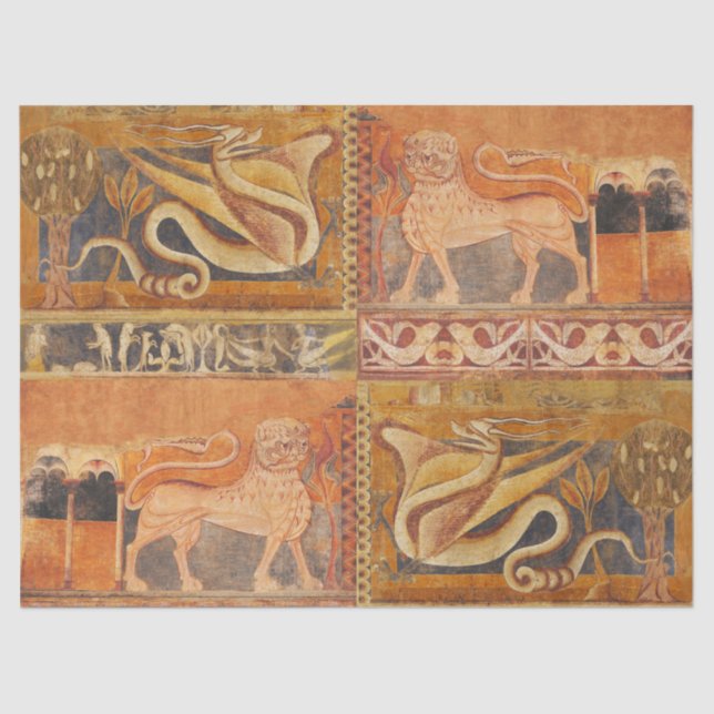 LION AND DRAGON Medieval Fresco in Yellow Orange Tissue Paper (Front)