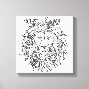 Lion And Flowers Doodle 6 Canvas Print