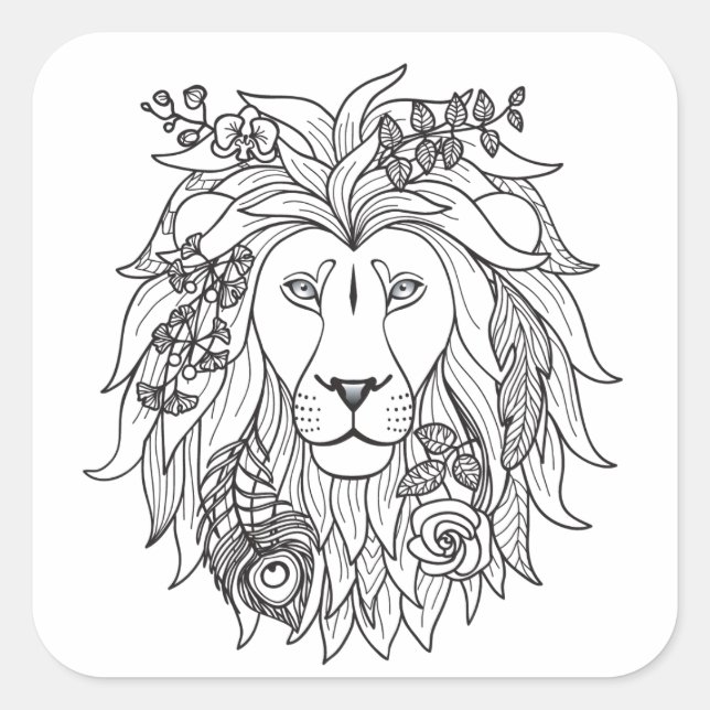 Lion And Flowers Doodle Square Sticker (Front)