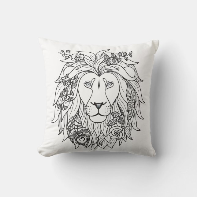 Lion And Flowers Doodle Throw Pillow (Front)