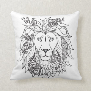 Lion And Flowers Doodle Throw Pillow