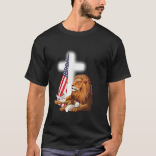 Lion And Lamb Cross Sheep Dove America Flag T-Shirt
