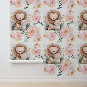 Lion And Lamb With Floral Accents For Nursery Room Wallpaper
