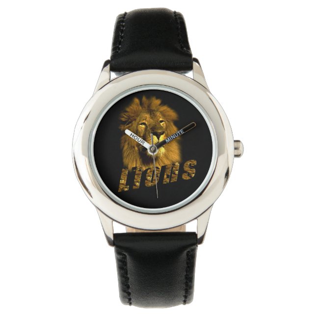 Lion And Lion Logo, Kids Black Leather Watch. Watch (Front)