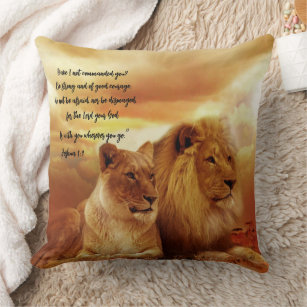 Lion And Lioness Scripture Be Strong Throw Pillow