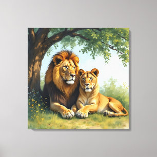 Lion and Lioness Under a Tree Canvas Print