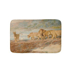 Lion and Lionesses on the Bank of an African River Bath Mat