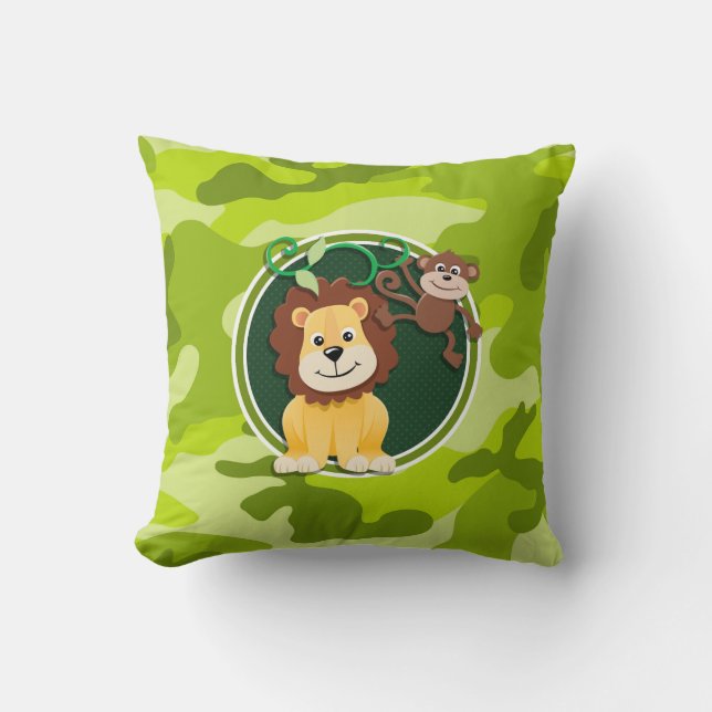 Lion and Monkey; bright green camo, camouflage Throw Pillow (Front)