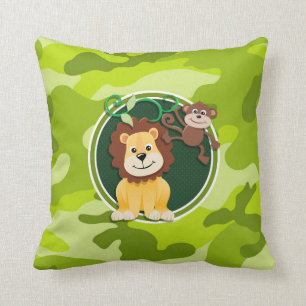 Lion and Monkey; bright green camo, camouflage Throw Pillow