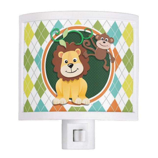 Lion and Monkey on Colourful Argyle Pattern Night Lites (Front)