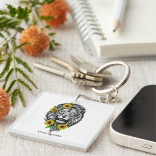 Lion and Sunflower Floral Illustration Keychain