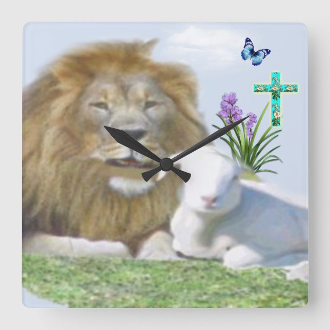 Lion and the lamb Bible verse Square Wall Clock (Front)