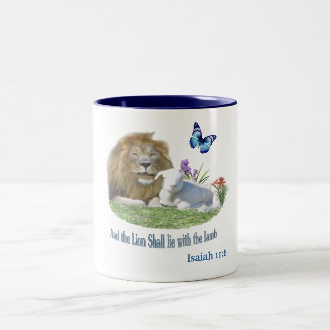 Lion and the lamb Bible verse Two-Tone Coffee Mug (Center)