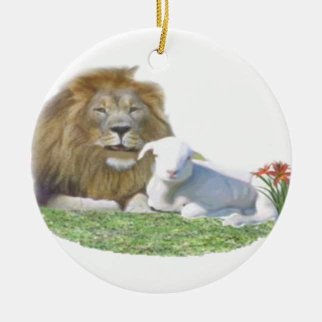 Lion and the Lamb christian art Ceramic Ornament (Front)