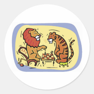 Lion and Tiger Playing Chess Classic Round Sticker