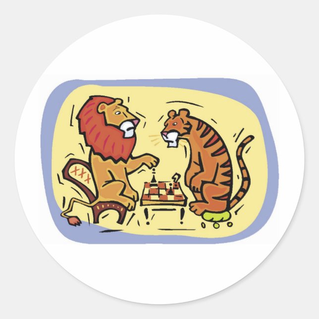 Lion and Tiger Playing Chess Classic Round Sticker (Front)