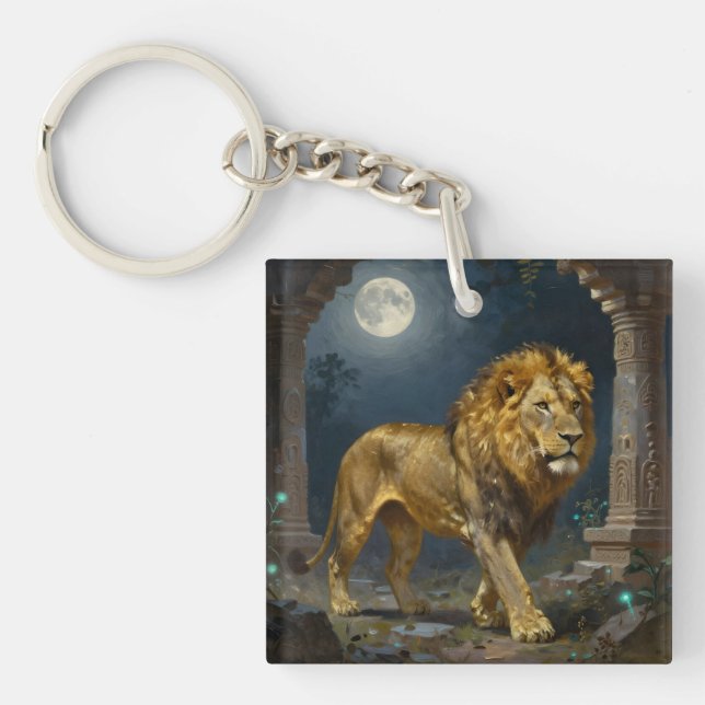 Lion and Tiger Strolling under the Moonlight  Keychain (Front)
