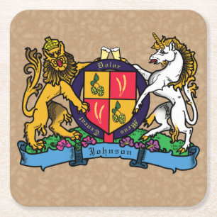 Lion and Unicorn Rampant Beer Coat of Arms Square Paper Coaster