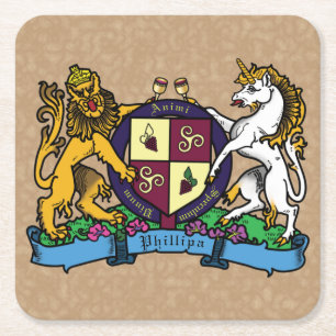 Lion and Unicorn Rampant Wine Coat of Arms Square Paper Coaster