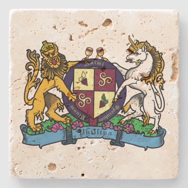 Lion and Unicorn Rampant Wine Coat of Arms Stone Coaster (Front)