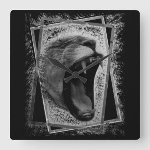 lion artwork black and white  square wall clock