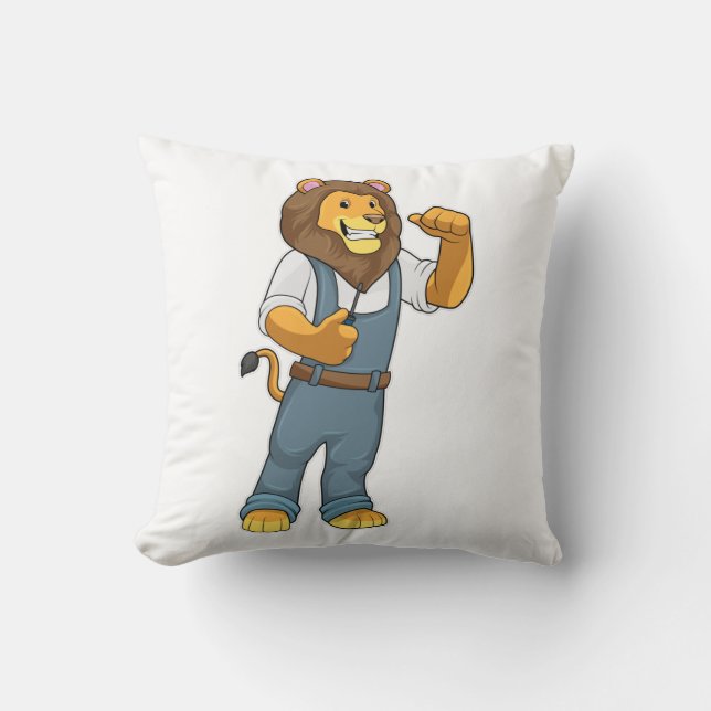 Lion as Handyman Screwdriver Throw Pillow (Front)