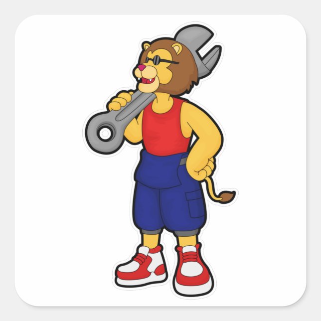 Lion as Mechanic with Wrench Square Sticker (Front)