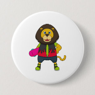 Lion as Skater with Skateboard 3 Inch Round Button