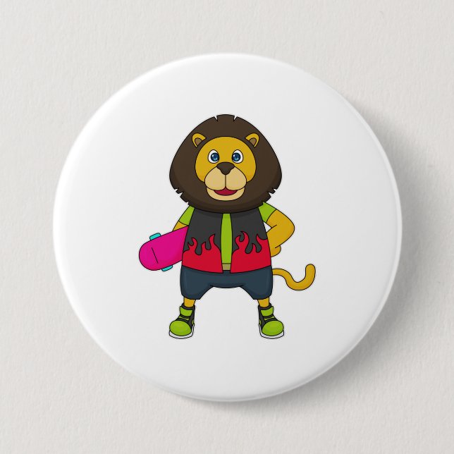 Lion as Skater with Skateboard 3 Inch Round Button (Front)
