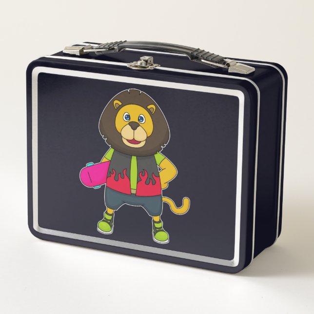 Lion as Skater with Skateboard Metal Lunch Box (Front)