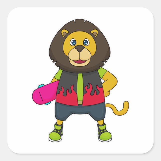 Lion as Skater with Skateboard Square Sticker (Front)