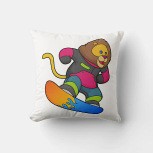 Lion as Snowboarder with Snowboard Throw Pillow