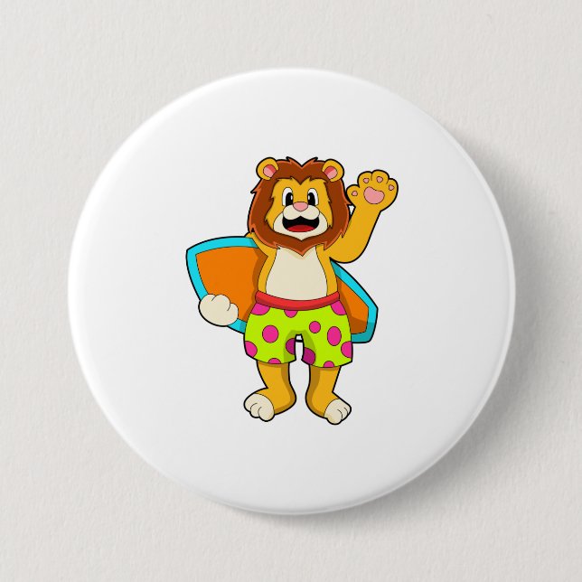 Lion as Surfer with Surfboard 3 Inch Round Button (Front)