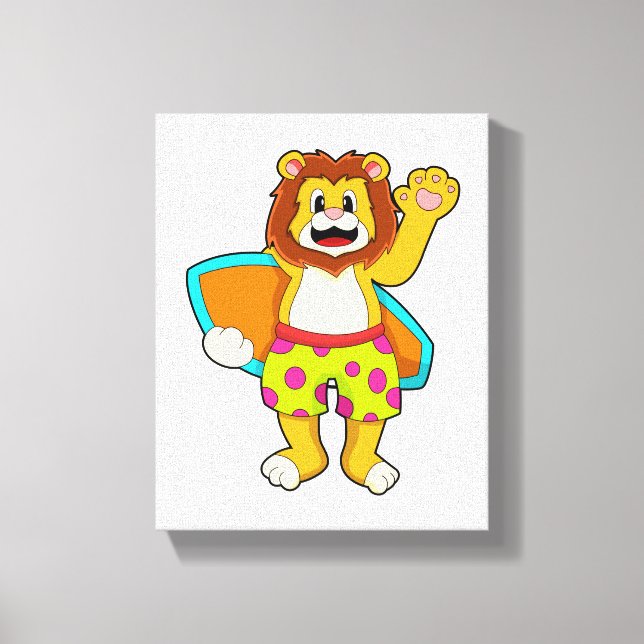 Lion as Surfer with Surfboard Canvas Print (Front)