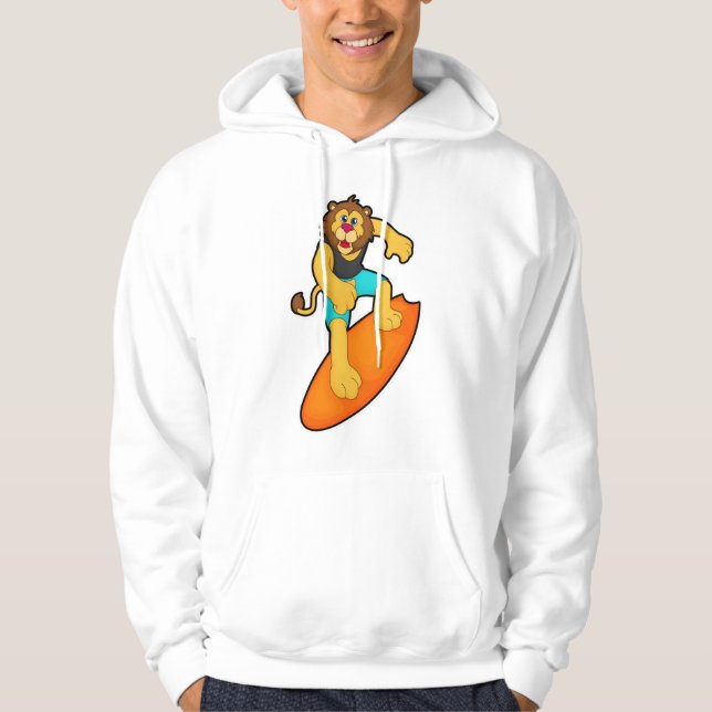 Lion as Surfer with Surfboard Hoodie (Front)