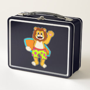 Lion as Surfer with Surfboard Metal Lunch Box
