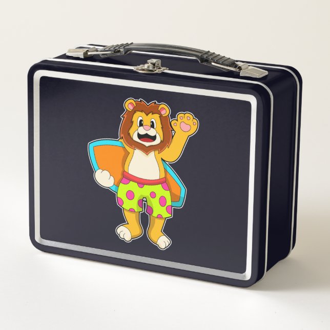 Lion as Surfer with Surfboard Metal Lunch Box (Front)